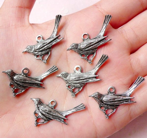 Sparrow Charms (6pcs) (29mm x 15mm   Tibetan Silver) Bird Crow Charms Pendant Bracelet Earrings Bookmark Zipper Pulls Keychain CHM739 Supply
